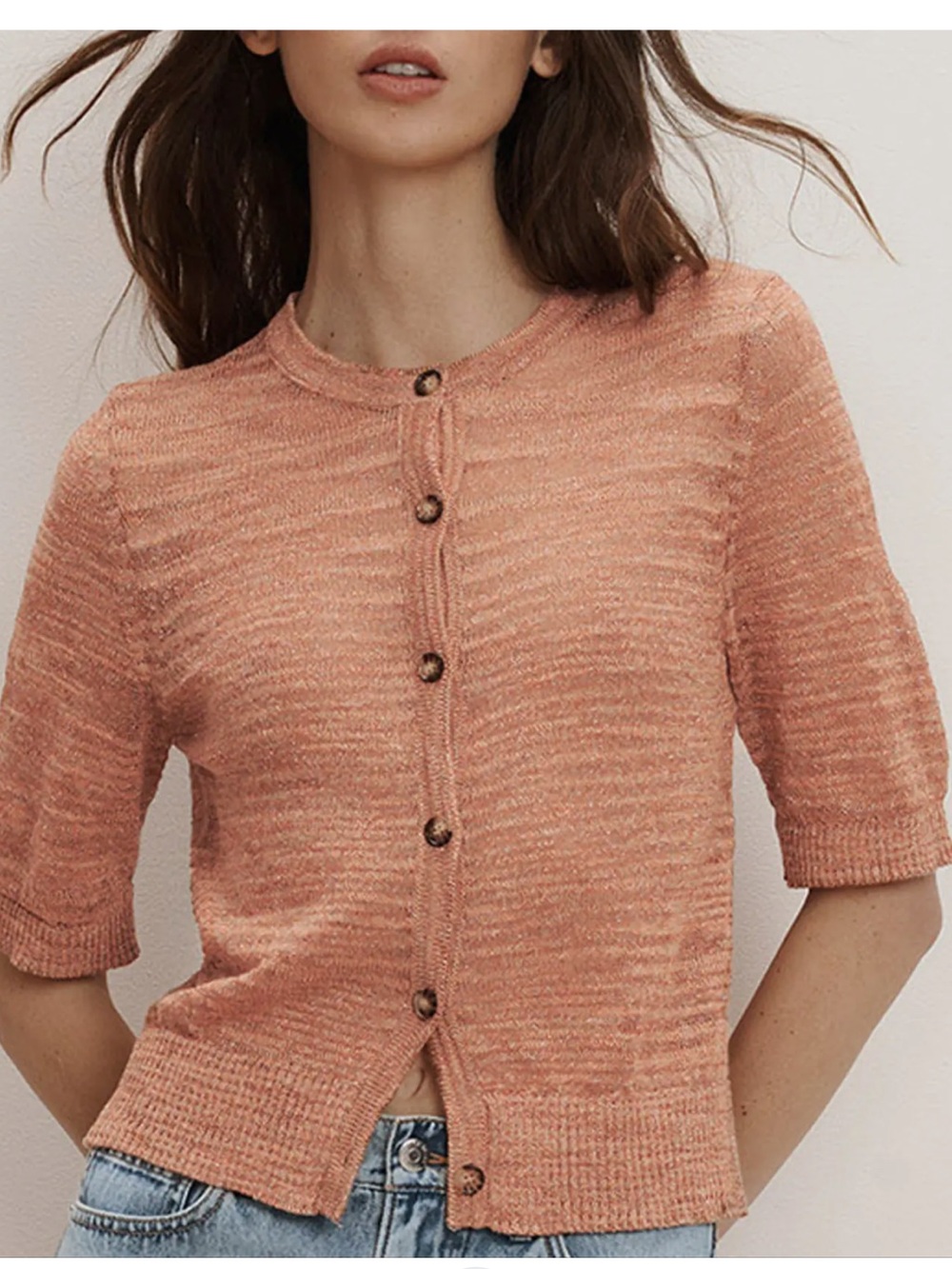 Veronica Beard Short-Sleeve Button Cardigan in Peach